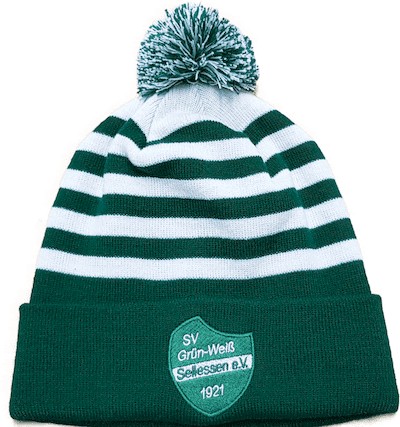 Bommelmuetze mit Stickerei in Streifenoptik